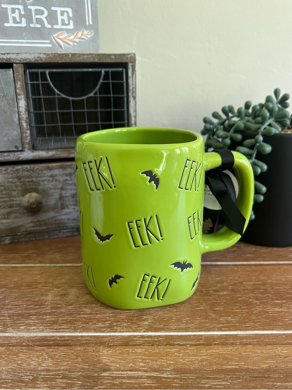 New Rae Dunn Green and Black Ceramic Bat Mug Eek!